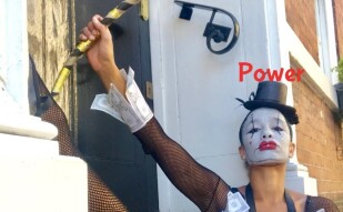 *POWER* *MONEY* *CUNTROL* protest performance art against the Tory government and the increasing gap between the rich and poor (basic elitism)