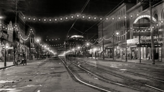 "Town of Niagara Falls, New York. Falls Street at Night.” Photographed November 1908.