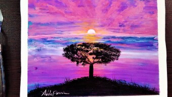 Painting Sunset And Tree With my CAT| Satisfying Tutorial acrylic art | #landscape