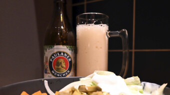 Paulaner non-alcoholic wheat beer and "Chilli" with rice