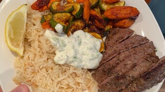 Mediterranean Steak with Rice Pilaf, Roasted Veggies and Tzatziki Sauce