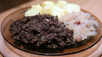 Fried ''Krupniok'' with fried cabbage and potatoes