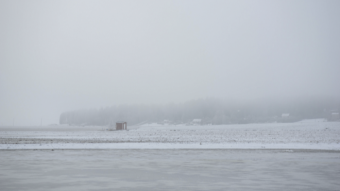 A frozen field shrouded in fog