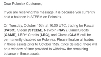 Poloniex Exchange Delisting STEEM Coin