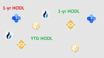 HODL results for 1-year and year-to-date for BNB, OKB, and HT exchange tokens