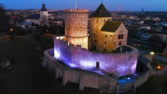 The Royal Castle in Będzin, a night view from above