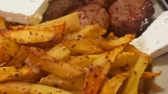 Daily meal #151 meatballs French fries and feta cheese