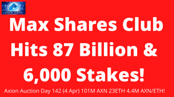Axion Auction Day 142 (4 Apr) 101M AXN 23ETH 4.4M AXN/ETH! Max Share Club Hits 87 Billion! WOW! WATCH NOW!