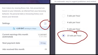 Activate 10 ads per hour on Brave Android browser
