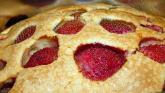 Homemade cake with fresh strawberries from the garden