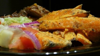 Baked Sweet Potatoes with Pork and Vegetable Salad