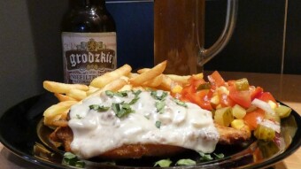 "Grodzkie" light beer from the "Głubczyce brewery" with lumberjack cutlet served