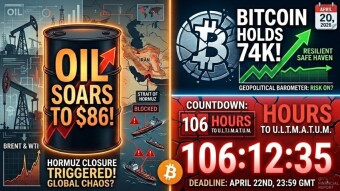 Hormuz Blocked and April 22nd Ultimatum: Bitcoin Holds 74,000 USDT, Oil Soars