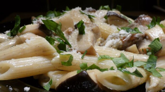 Fresh porcini mushrooms in a cream sauce stewed in white wine with onion and Pene noodles