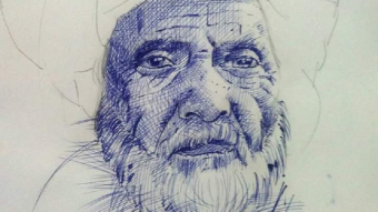 Making a portrait of an old man with blue ball pen.