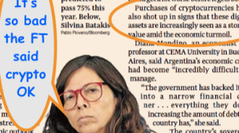 Ft Crypto Counterpoint - July 13th.  VERY slim. FT finally loves crypto in Argentinia! Temasek stays w/ FTX.  NO crypto in FT gaming?? No NFT royalties even in the letter section.