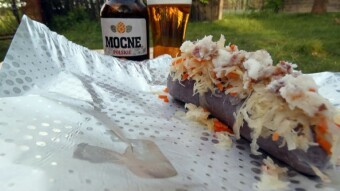 Black pudding with sauerkraut and lard with cracklings and "Mocne Polskie" beer