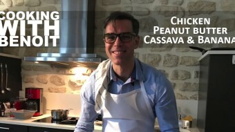 Chicken with peanut butter sauce, grated cassava and cooking banana (AWG Global Gourmet)