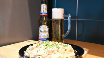 Warsteiner Premium Fresh beer and a delicacy made from boletus mushrooms