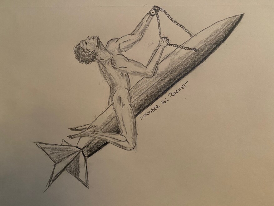 Man riding a rocket - drawing in pencil
