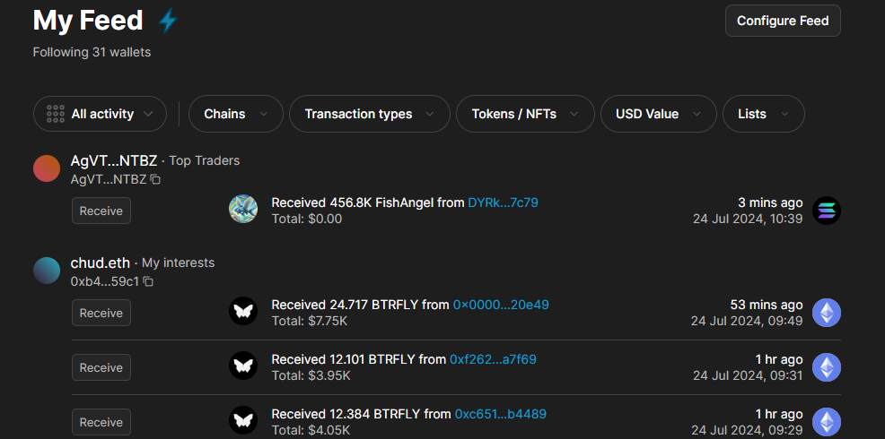 Image showing the wallets my Cielo account is tracking.