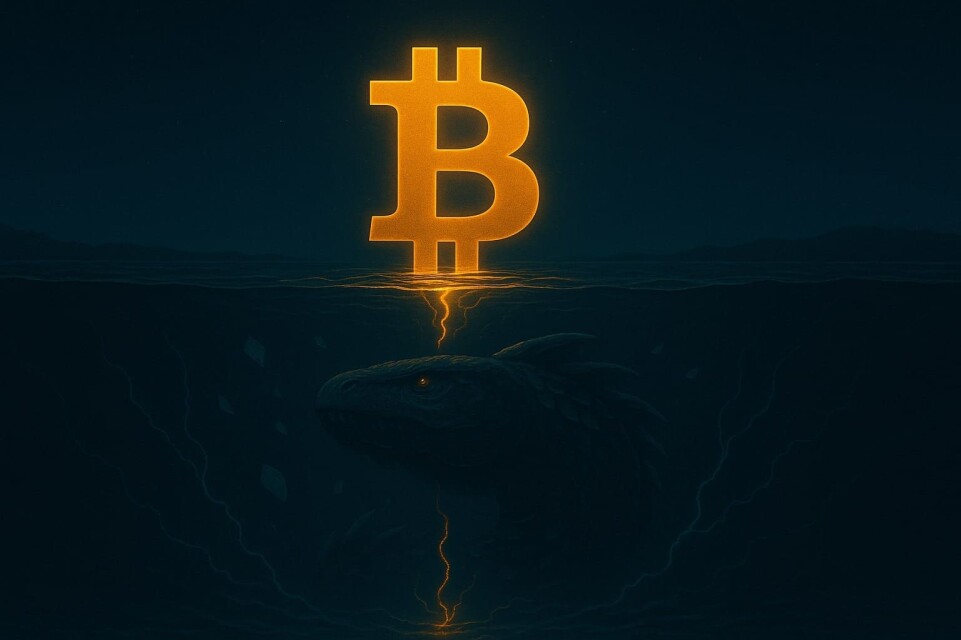A glowing Bitcoin rises from a deep ocean trench. Beneath, a massive shadow moves. Broken currencies float as cracks pulse with light.