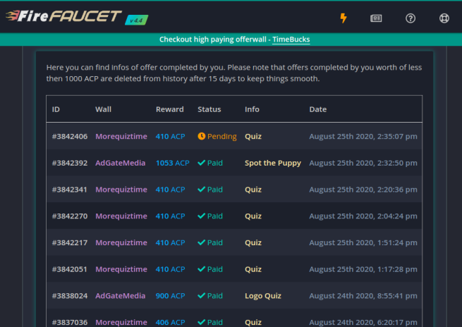 Fire Faucet Offerwall Pending Payouts