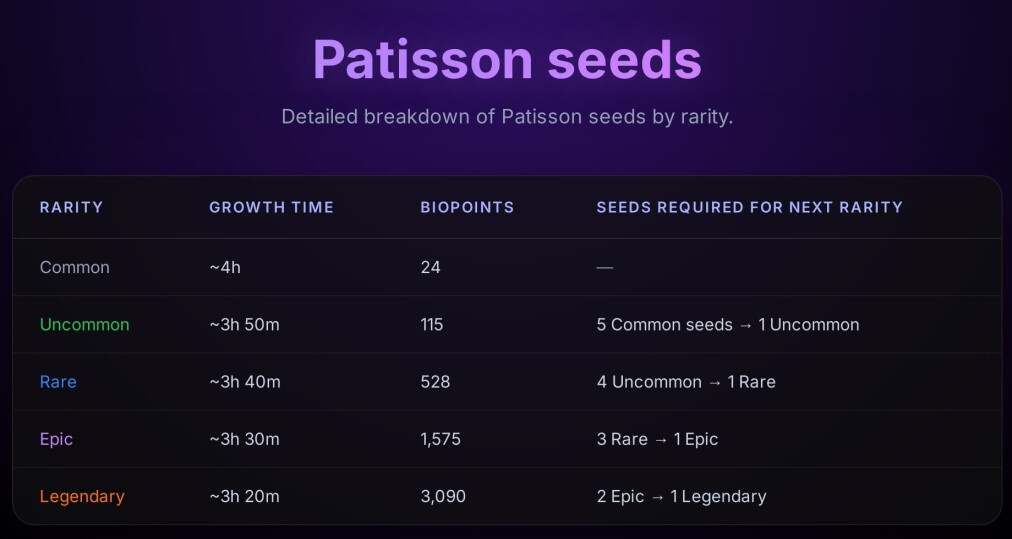 Chainers Patisson seeds growth time and merge list