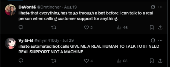Screenshot of two user tweets complaining about automated customer support bots and asking for real human help.