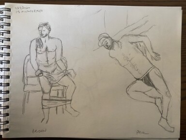 two fifteen-minute timed figure skeches in pencil, from November 2020