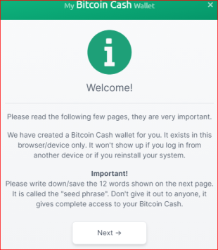 notification of creating a bitcoin Cash wallet