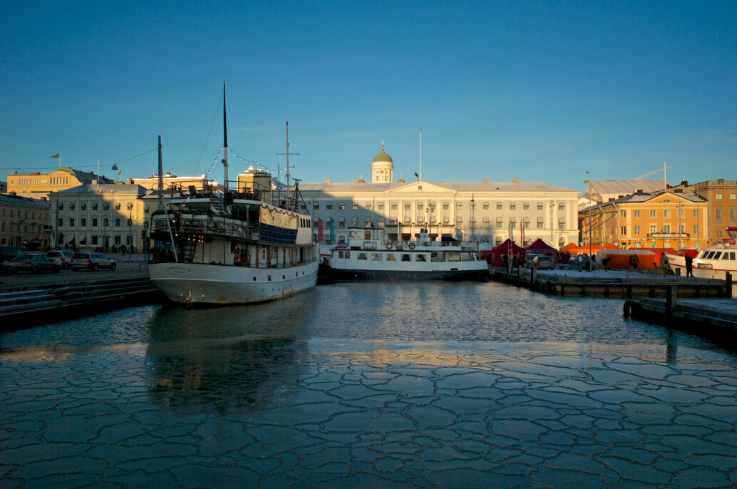 Frozen sea in Helsinki Harbour during winter.