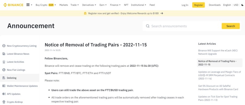 Binance FTT Pairs Removal