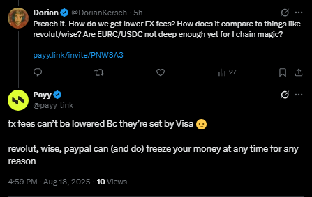 Screenshot of a Twitter post about Visa and PayPal FX fees, highlighting how PayPal, Wise, and Revolut can freeze freelancer payments at any time.