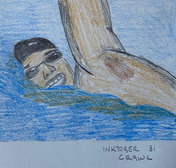Man swimming - drawing in colored pencil and pencil