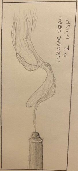 Drawing of extinguished candle and smoke rising. Pencil.