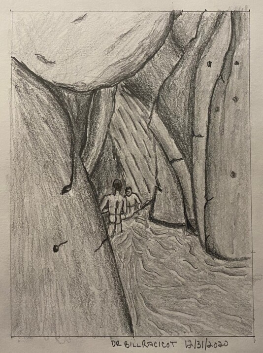 Two men wading in an underground river - pencil drawing