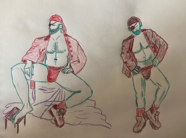 Figmod dressed as a slutty pirate - 2 poses - colored pencil