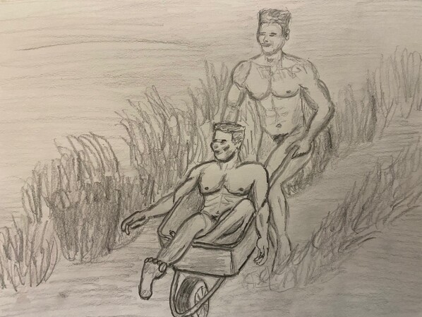 One man pushing another through the brush in a wheelbarrow - pencil sketch