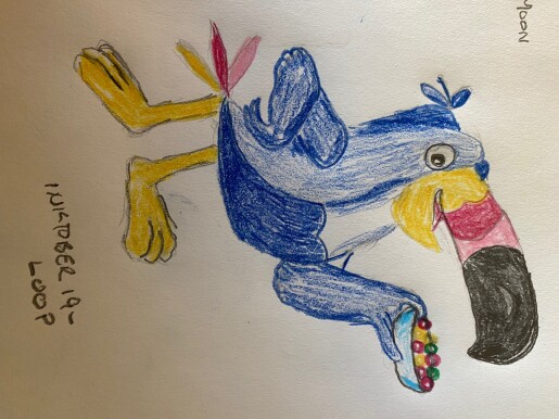 Fan art of Toucan Sam offering a bowl of Froot Loops - colored pencil and pencil