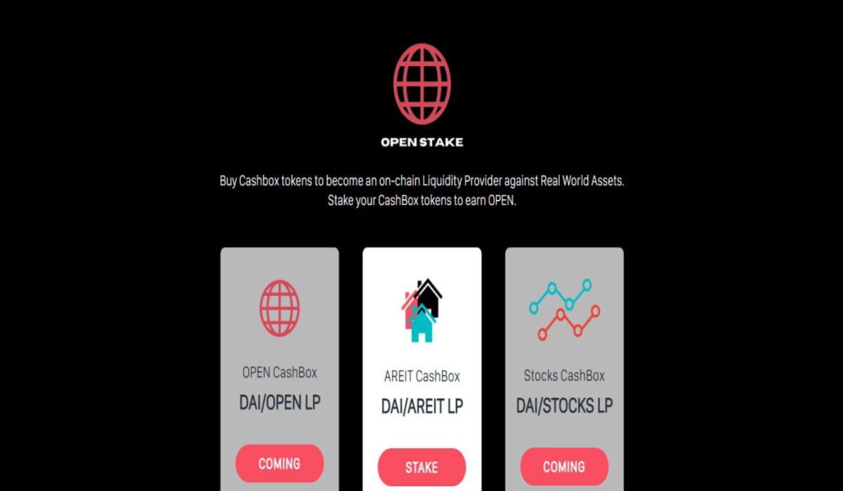 Cashboxes: Buy Cashbox shares to become an on-chain liquidity provider against Real World Assets. Stake your Cashbox tokens to earn OPEN.