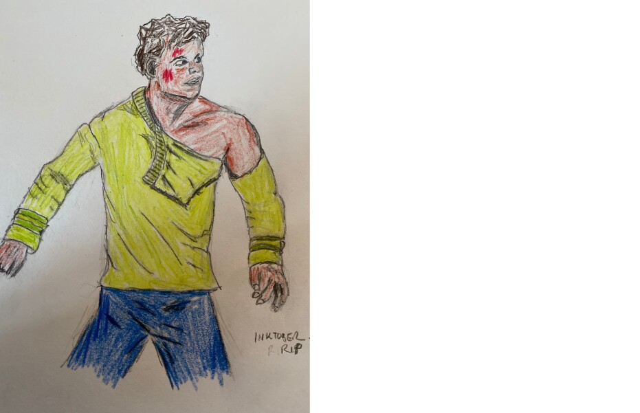 Captain Kirk with torn uniform - drawing in pencil and colored pencil
