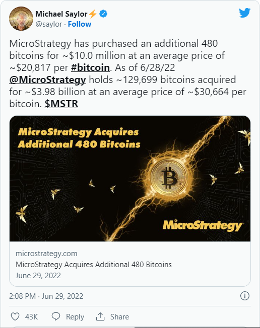 The tweet of Michael Saylor about the purchase of additional 480 BTCs