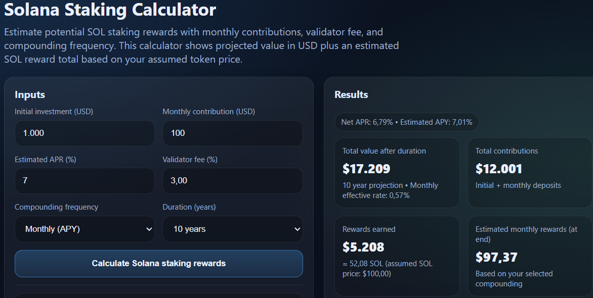 Solana Staking Calculator output