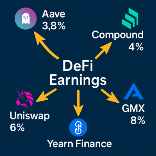 Infographic showing average DeFi earnings from protocols like Aave, Compound, Yearn, Uniswap, and Lido, with arrows pointing to each platform and their estimated APYs for beginner investors.