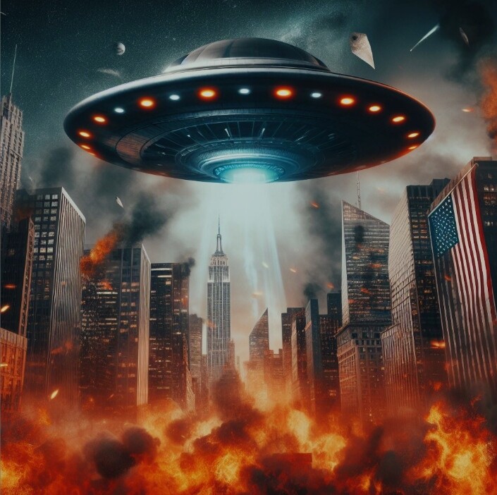 Nave espacial volando sobre ciudad devastada