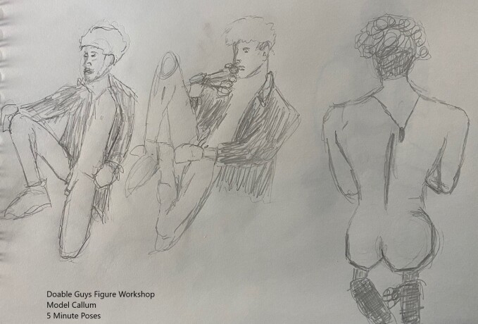 Three 5-minute timed sketches of model Callum