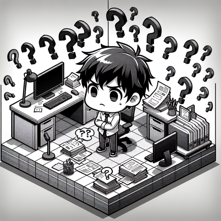 Boy in office surrounded by question marks