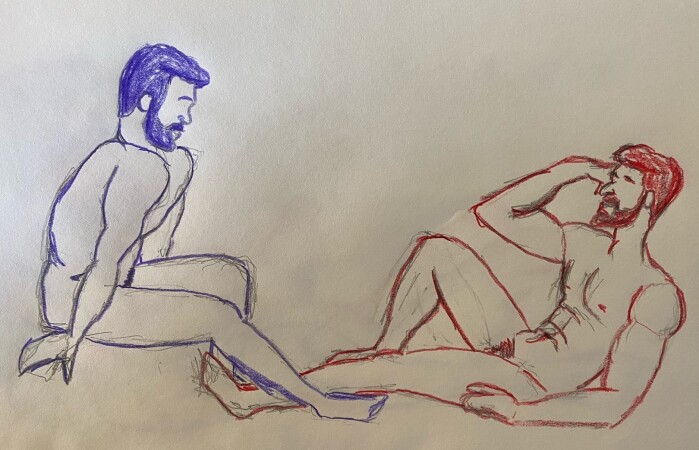 Ahmad and Joe facing one another - Colored pencil drawing