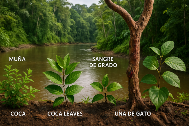 Peru’s Amazon natural pharmacy. Muña for digestion, coca leaves for energy and altitude, sangre de grado resin for skin and wound care, and uña de gato as an anti inflammatory. A realistic rainforest river scene highlighting traditional Peruvian medicine.